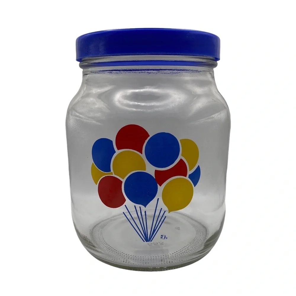 Vintage 1980s Painted Balloons Brockway Glass Co Jar W/ Blue Plastic Lid